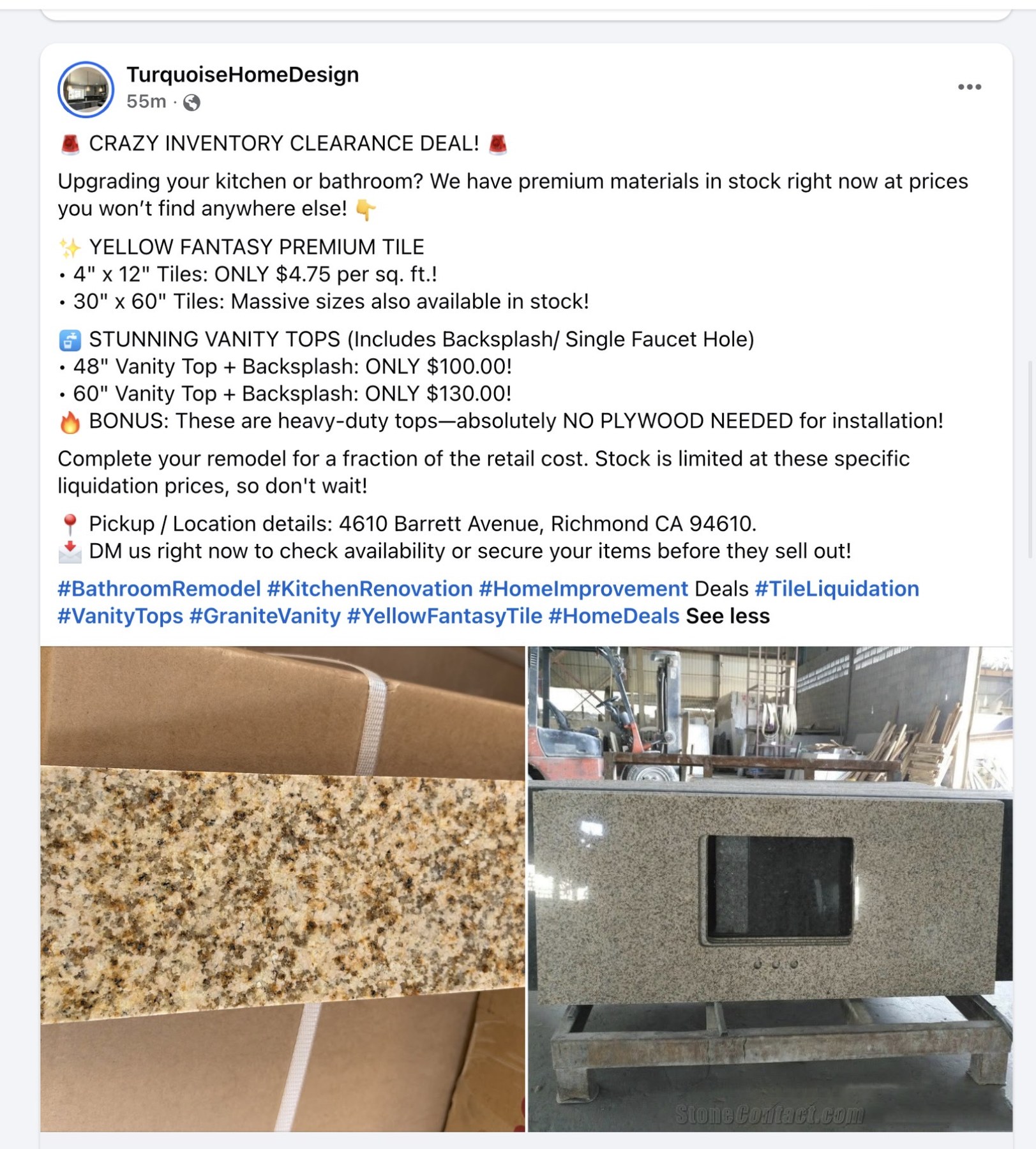 Yellow Fantasy tile and vanity top clearance deal