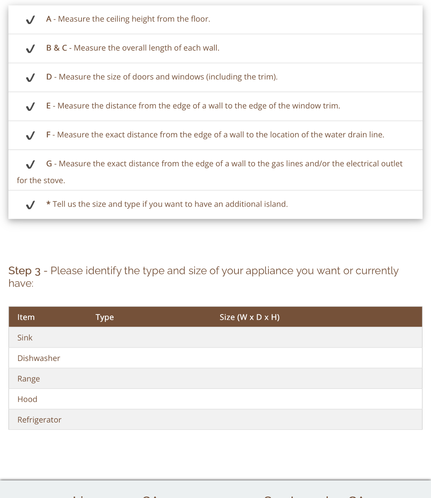 DIY kitchen measuring checklist and appliance sizes step 3